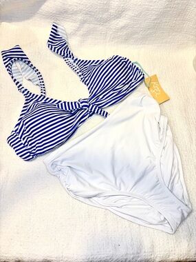Kona Sol Nautical Twist Tie Front Top & Rouched High Waist Bottom by Anne Cole
